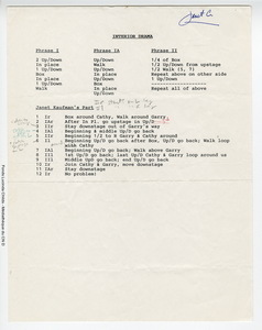 Comptes et notes de directions dactylographiées de la partie dansée par Janet L. Kaufman comprenant les annotations de deux interprètes à l'occasion du remontage de la pièce [ca 1990].