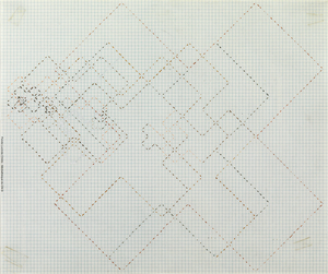 Croquis de parcours manuscrit représentant les cinq séquences et temps pour l'interprète [ca 1976].